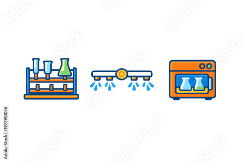 Three flat vector icons depicting laboratory equipment including a rack of test tubes, a chemical spray system, and an orange incubator with flasks on a black background.