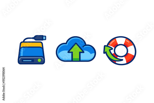A set of three digital icons illustrating data backup and recovery processes, featuring an external hard drive, a cloud storage upload symbol, and a lifebuoy for emergency restoration.