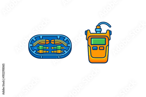 A cartoon illustration of a fiber optic testing kit featuring an orange handheld meter with a green screen and a blue case filled with colorful connectors and cables on a black background.