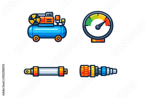 A set of four colorful vector icons representing industrial pneumatic equipment including an air compressor, a pressure gauge, a hydraulic cylinder, and a quick coupling connector.
