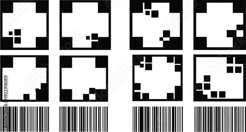A collection of four distinct black and white calibration markers with corresponding barcode patterns is displayed against a white background for technical testing purposes.