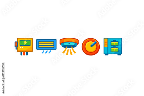 A set of five colorful flat icons representing home utility systems including an electrical panel, air conditioner, smoke detector, thermostat, and server rack on a black background.