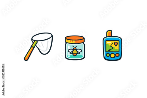 A set of three colorful cartoon icons featuring a butterfly net, a glass jar with a bee inside, and a handheld GPS navigation device, all isolated on a solid black background.