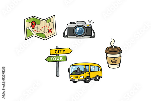 A collection of travel illustrations including a map with a red pin, a digital camera, a yellow tour bus, a city tour signpost, and a hot coffee cup on a black background.