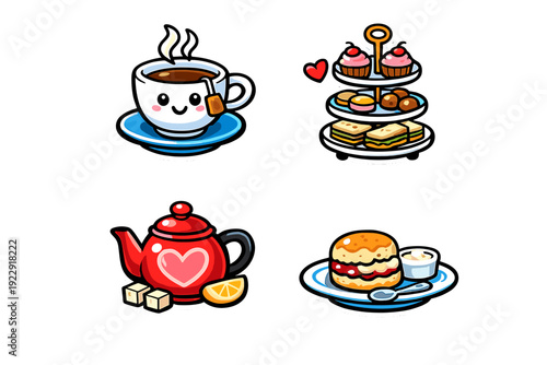 Four illustrated stickers depicting afternoon tea elements including a cute teacup, a tiered cake stand with treats, a red teapot, and a scone with jam and clotted cream.