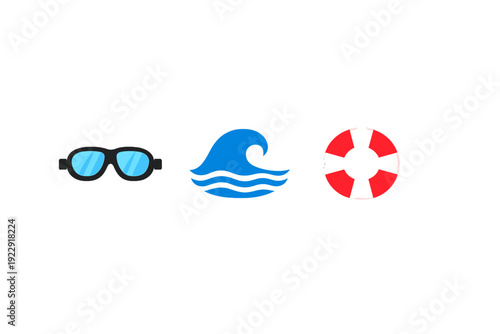 Three minimalist icons representing swimming and water safety are displayed on a black background, featuring blue goggles, a blue ocean wave, and a red and white lifebuoy ring.