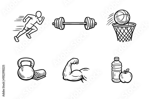 Set of six white line art icons on a black background representing fitness and health, featuring a running man, barbell, basketball, kettlebell, bicep muscle, water bottle, and apple.