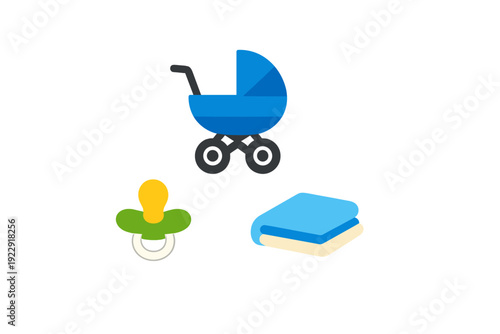 A flat vector illustration featuring a blue baby stroller, a green pacifier with a yellow nipple, and a folded blue blanket, all set against a solid black background.