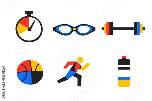 A collection of six minimalist geometric icons representing sports and fitness activities, including a stopwatch, goggles, dumbbell, basketball, runner, and water bottle on a black background.