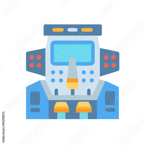 Cartoonish blue spaceship control panel with retro design and simple geometric shapes