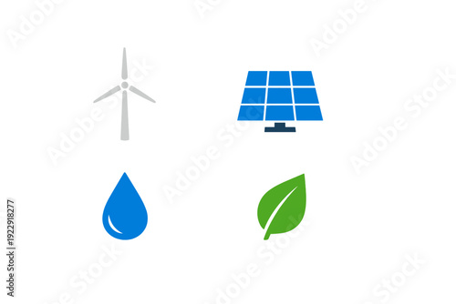 A collection of four minimalist icons representing renewable energy sources including a wind turbine, solar panel, water drop, and green leaf set against a solid black background.