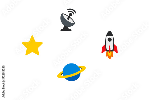 A collection of four space-themed icons including a yellow star, a satellite dish, a rocket ship launching with fire, and a blue ringed planet, all set against a solid black background.
