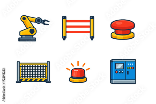 A collection of six industrial safety icons including a robotic arm, light curtain, emergency stop button, safety fence, warning siren, and a control panel on a black background.