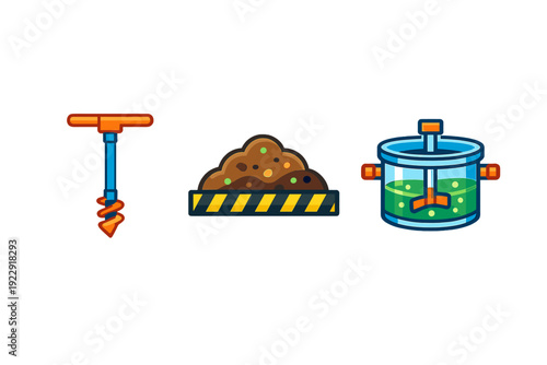 A set of three industrial icons featuring a manual drill, a pile of dirt on a safety platform, and a chemical mixing tank with green liquid, all set against a black background.