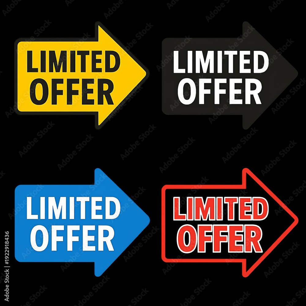 Obraz premium Four colored arrows pointing right with limited offer text on a black background.