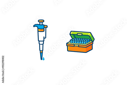 This vector illustration features a blue and orange micropipette releasing a drop next to an open orange box containing several rows of blue pipette tips on a black background.