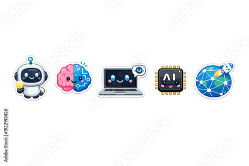 A collection of five cute cartoon stickers representing artificial intelligence concepts, including a robot, a digital brain, a laptop, an AI microchip, and a networked globe.