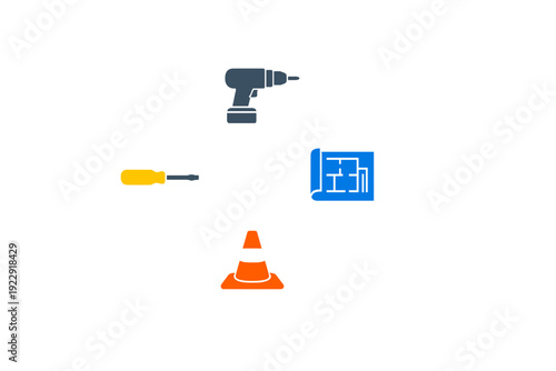 A collection of four construction and repair icons including a power drill, a blueprint, a traffic cone, and a screwdriver arranged on a solid black background.