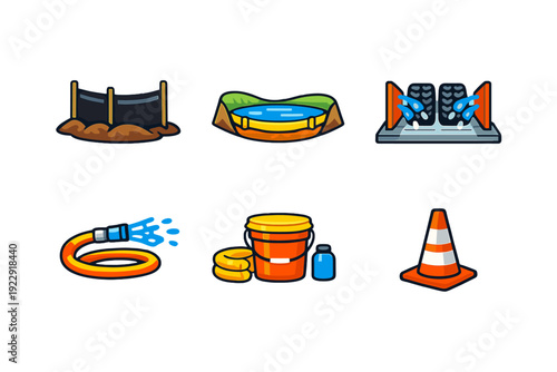 Six flat vector icons showing construction site environmental controls like a silt fence, containment pond, wheel wash station, water hose, spill response kit, and a traffic cone.