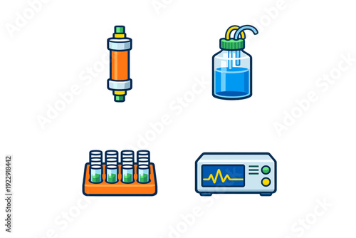 A set of four laboratory and medical icons featuring a filter column, a bottle with blue liquid, test tubes in a rack, and a monitor displaying a waveform on a black background.
