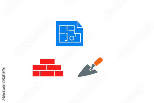 This illustration features a blue architectural blueprint, a small stack of red bricks, and a construction trowel with an orange handle, all set against a solid black background.