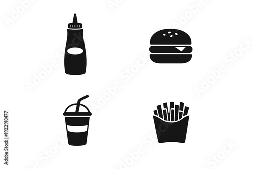 A set of four minimalist black and white icons depicting common fast food items including a hamburger, french fries, a soft drink with a straw, and a condiment bottle.