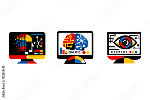 Three stylized computer monitors on a black background display abstract icons representing data processing, artificial intelligence, and computer vision in red, yellow, and blue.