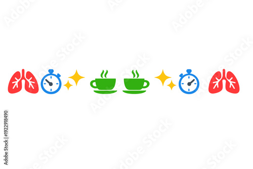 A symmetrical row of colorful flat icons featuring red lungs, blue stopwatches, yellow sparkles, and green steaming cups of tea or coffee arranged on a solid dark black background.