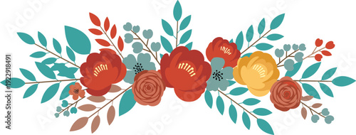 Vibrant autumn leaves and flowers arrangement in shades of red orange yellow and green on white