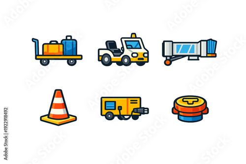 A collection of six flat vector icons representing airport ground support equipment, including a luggage cart, tug, jet bridge, traffic cone, generator, and fuel cap on a black background.
