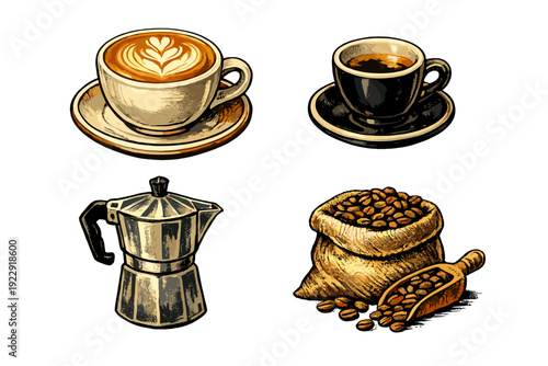 A collection of vintage-style coffee illustrations featuring a latte with heart art, a cup of espresso, a classic moka pot, and a sack of roasted beans with a wooden scoop on a black background.