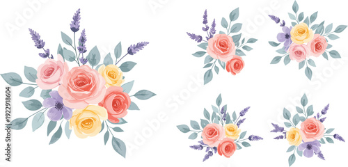 Watercolor floral arrangements with roses and lavender on white background