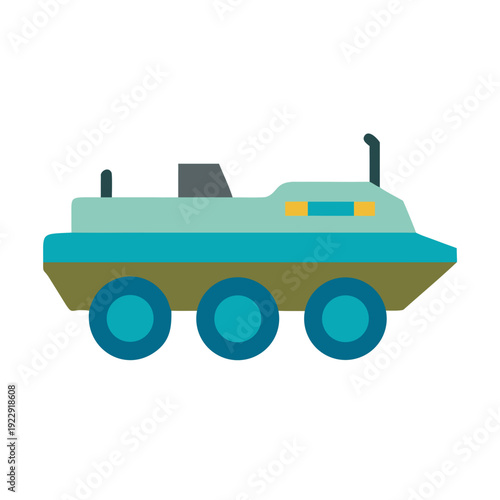 Flat vector illustration of six wheeled military vehicle, side view on black background