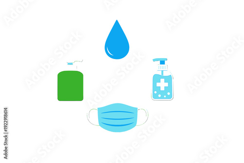 An illustration featuring a blue water drop, a green soap dispenser, a blue hand sanitizer bottle with a cross, and a light blue surgical face mask on a black background.