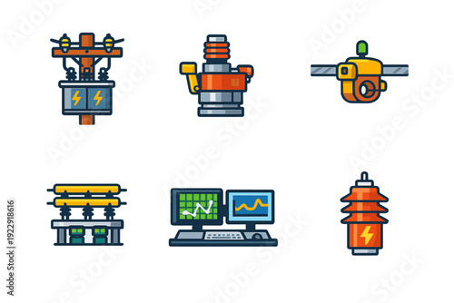 This set of six stylized icons features electrical power components like a utility pole transformer, monitoring station, and high-voltage insulators against a dark background.