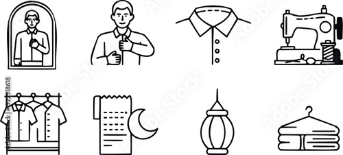 Minimalist outline icons of muslim fashion tailoring for ramadan festival and traditional clothing preparation