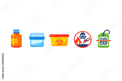 A set of five colorful icons representing laboratory safety and medical waste management, including a biohazard container, a chemical bottle, a warning sign, and a scanned code tag.