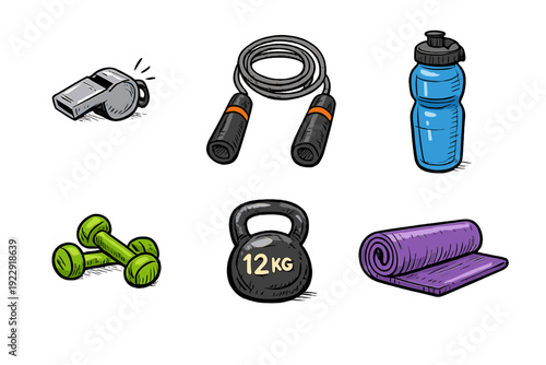 A collection of hand-drawn fitness equipment icons including a whistle, jump rope, water bottle, green dumbbells, a 12kg kettlebell, and a purple yoga mat on a black background.