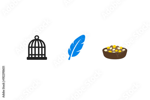 Three minimalist icons representing bird care are displayed on a black background, including a black birdcage, a single blue feather, and a brown bowl filled with yellow birdseed.