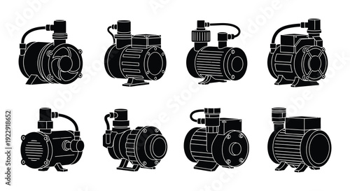 Collection of black silhouette water pumps in various orientations