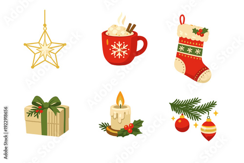 A collection of six festive Christmas icons including a gold star, hot cocoa mug, stocking, gift box, lit candle, and pine branch ornaments isolated on a black background.