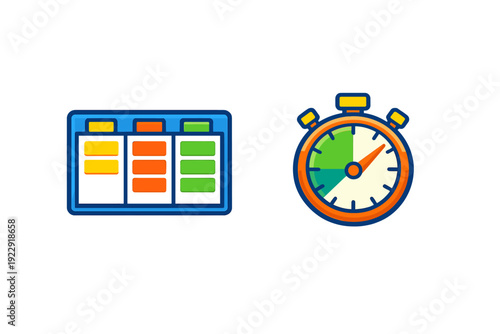 A flat vector illustration shows a project management board with yellow, orange, and green cards next to a stopwatch, symbolizing efficient time management and workflow organization.