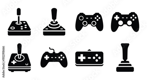 Collection of black silhouette icons depicting various gaming controllers