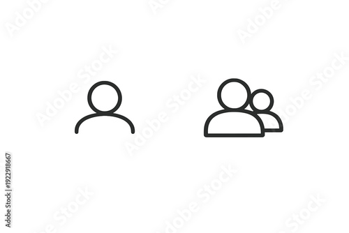 A minimalist illustration featuring two sets of line icons representing people on a solid black background. One icon depicts a single person, while the other shows a group of two.
