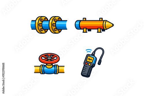 A set of four flat vector icons representing industrial pipeline equipment, including a flanged pipe, a pipeline pig, a valve with a red handwheel, and a handheld gas detector.