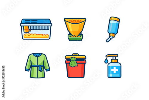 Six flat vector icons on a black background showing pet care and laboratory supplies like a cage, automatic feeder, water bottle, lab coat, red waste bin, and hand sanitizer.