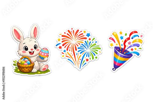 A collection of three festive stickers featuring a cute white Easter bunny with a basket of eggs, vibrant colorful fireworks, and a party popper with confetti on a black background.