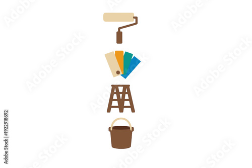 A vertical arrangement of four minimalist icons representing home renovation tools, including a paint roller, color swatches, a stepladder, and a bucket, set against a black background.