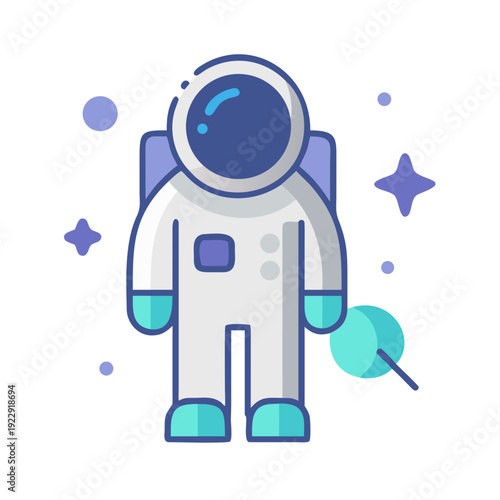 Stylized flat design astronaut in space surrounded by celestial bodies against black background
