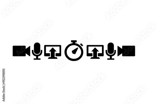 This minimalist black and white illustration shows a central stopwatch icon flanked by microphones and computer monitors, symbolizing time management in broadcasting and podcasting.